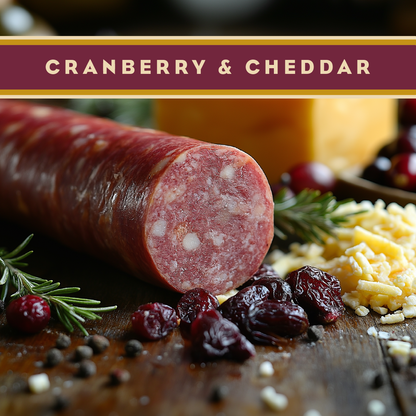 Artas'n Meats cranberry cheddar summer sausage sliced, showing pieces of cheese and cranberries in a 12oz sausage.