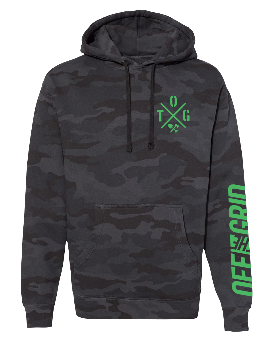 Black camouflage fleece hoodie with crossed design from Off The Grid Surplus, shown on a hanger.