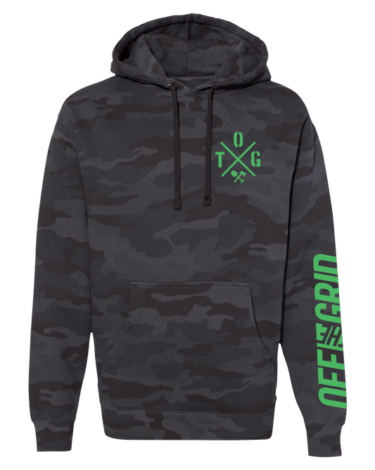 Black camouflage fleece hoodie with crossed design from Off The Grid Surplus, shown on a hanger.