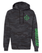 Black camouflage fleece hoodie with crossed design from Off The Grid Surplus, shown on a hanger.