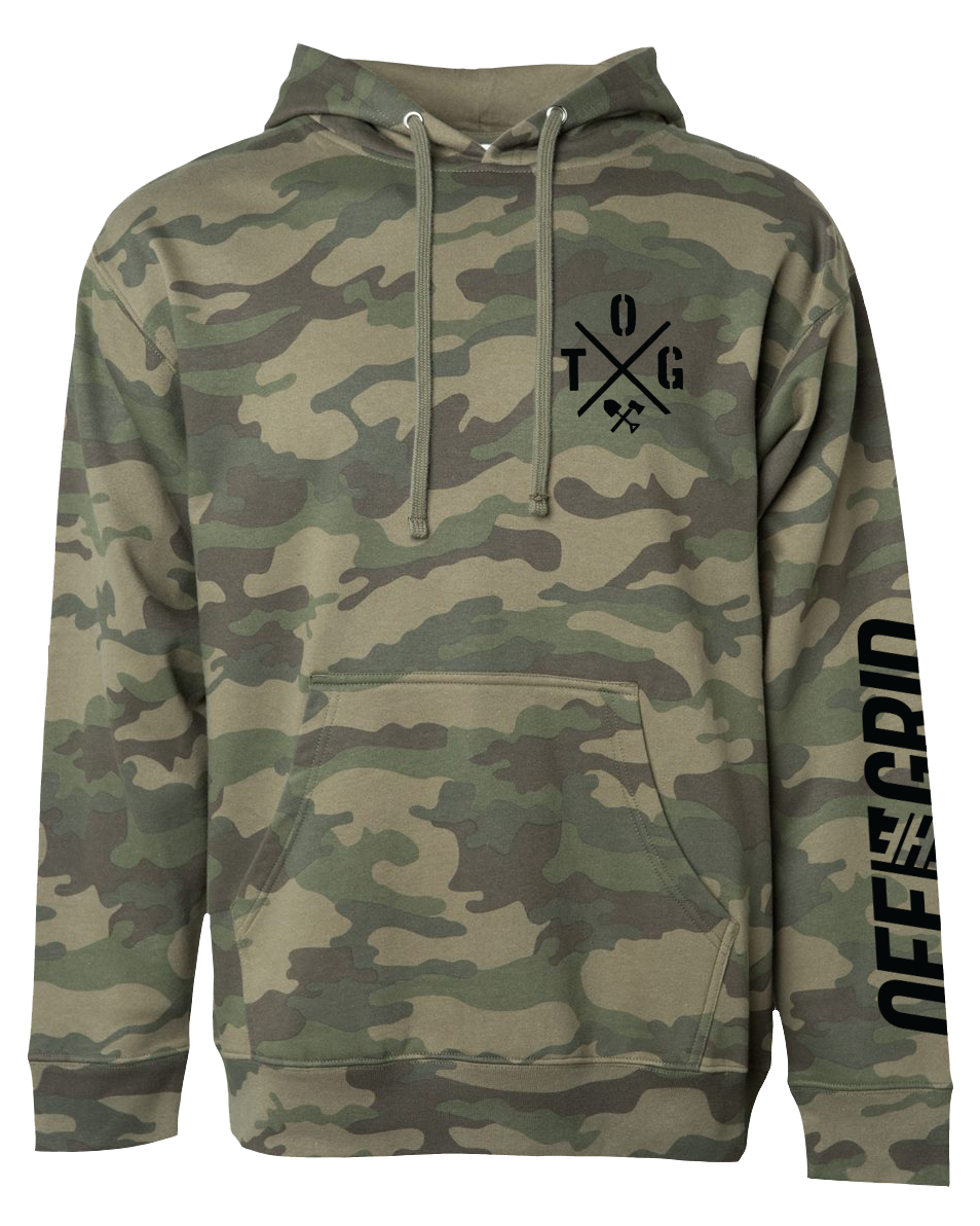 Fleece hoodie with crossed up design in camouflage pattern by Off The Grid Surplus, shown in the image.