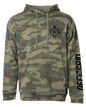 Fleece hoodie with crossed up design in camouflage pattern by Off The Grid Surplus, shown in the image.