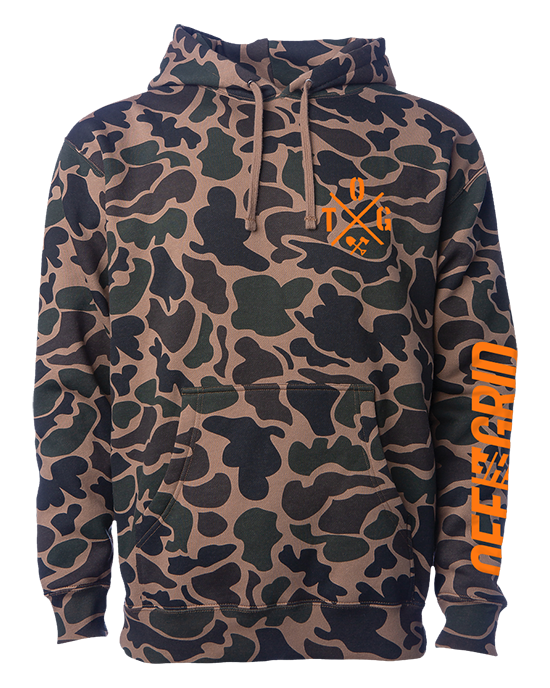 Off The Grid Surplus Crossed Up fleece hoodie in duck camo pattern, featuring a cozy, stylish design with crossed details.