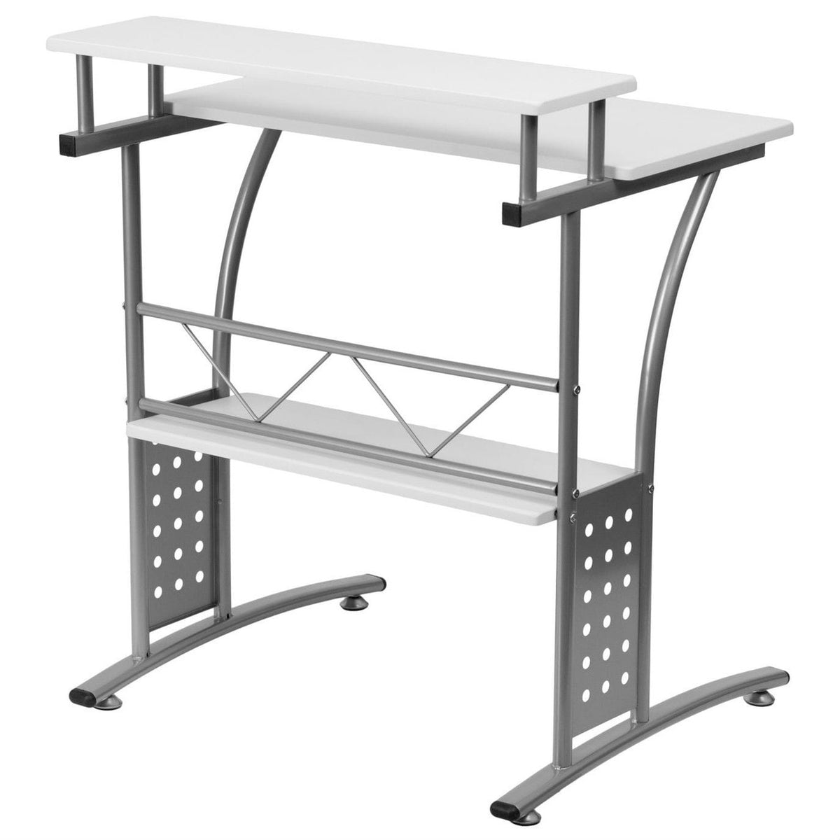 Modern metal frame computer desk with white laminate top and raised shelf by BACKUPMYFILESNOW®.
