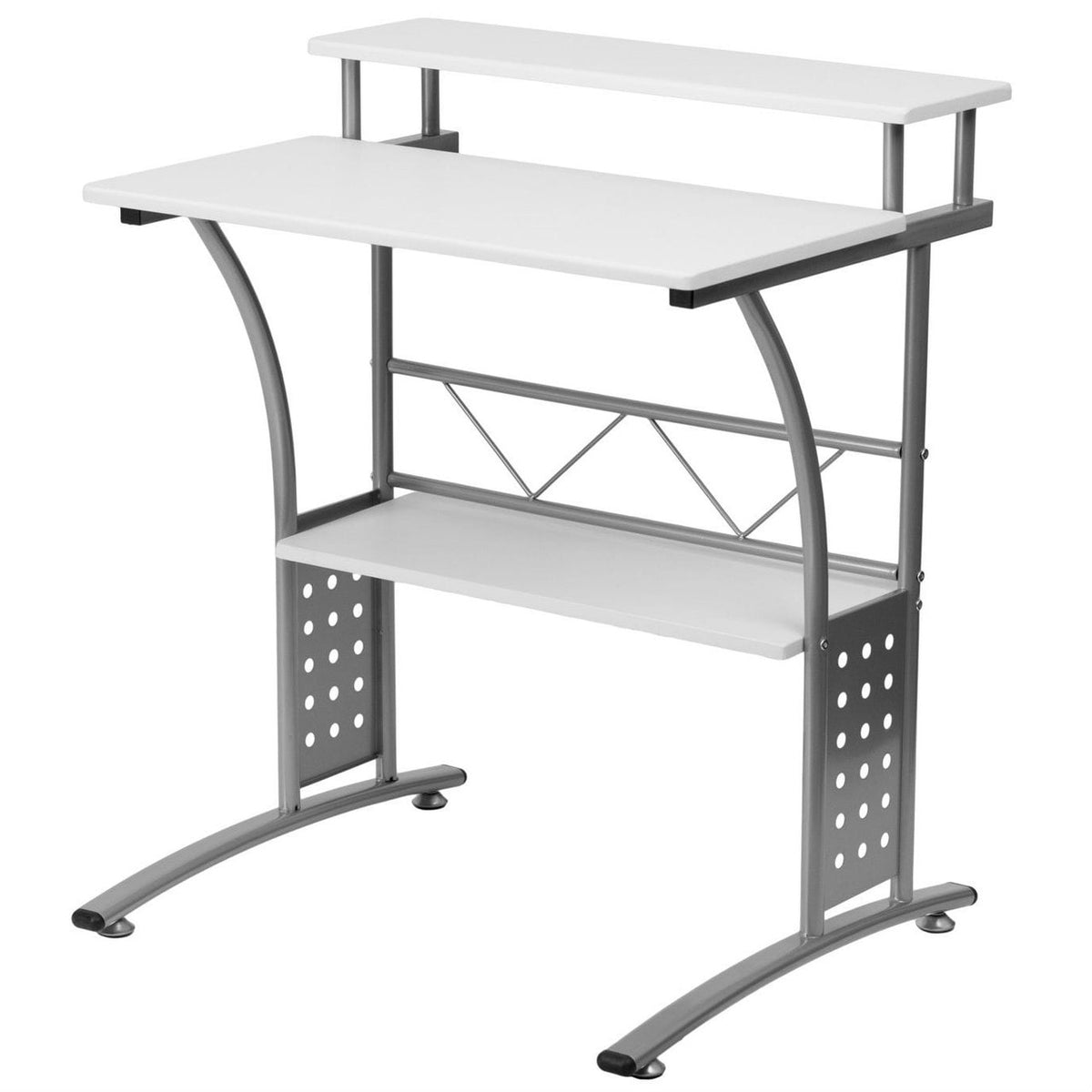 Modern metal frame computer desk with white laminate top and raised shelf, by BACKUPMYFILESNOW®
