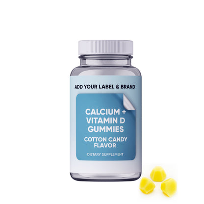 Tapioca calcium and D3 vitamin supplement in clear container with label, showing the product name and ingredients.