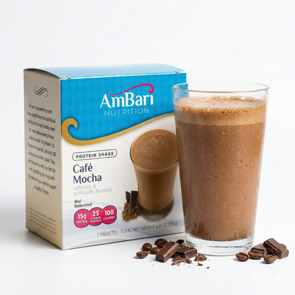AmBari Nutrition Cafe Mocha Shake with 15g protein, creamy coffee-flavored meal replacement in a ready-to-drink bottle.