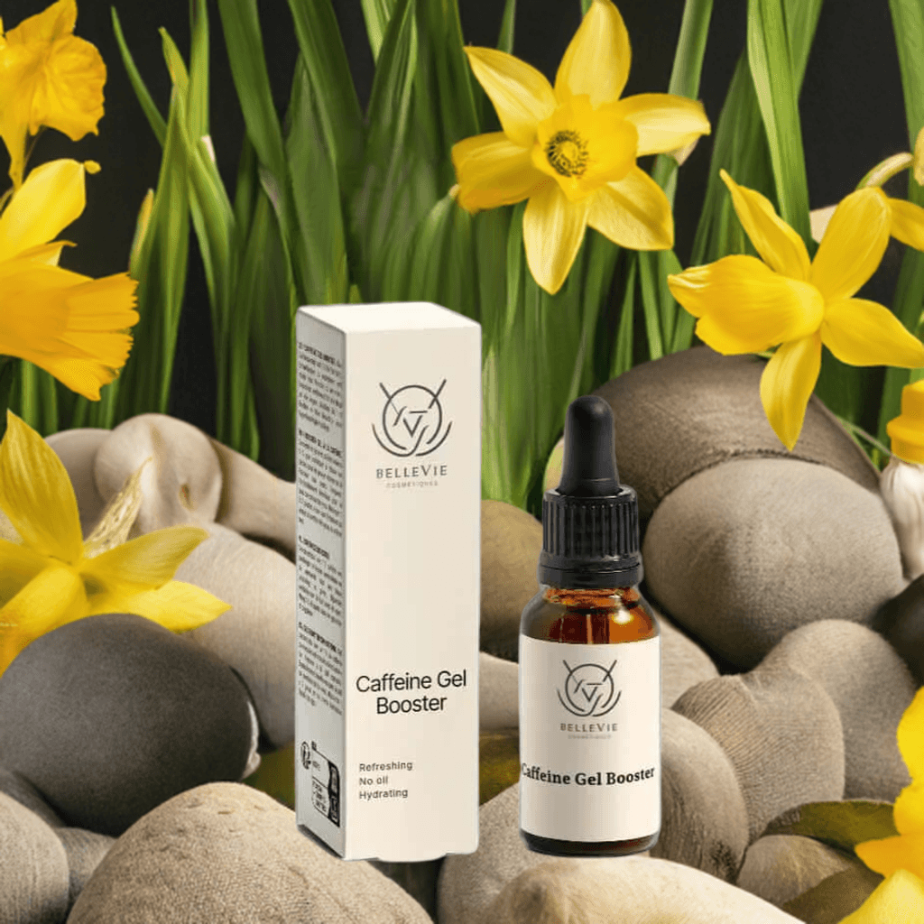 Belleviecosmetic caffeine booster gel in 20ml with 1% caffeine for de-puffing, brightening, and hydrating the skin.
