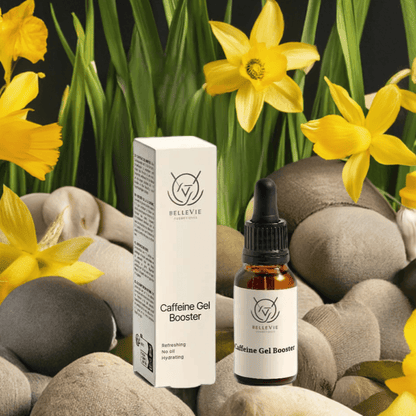 Belleviecosmetic caffeine booster gel in 20ml with 1% caffeine for de-puffing, brightening, and hydrating the skin.