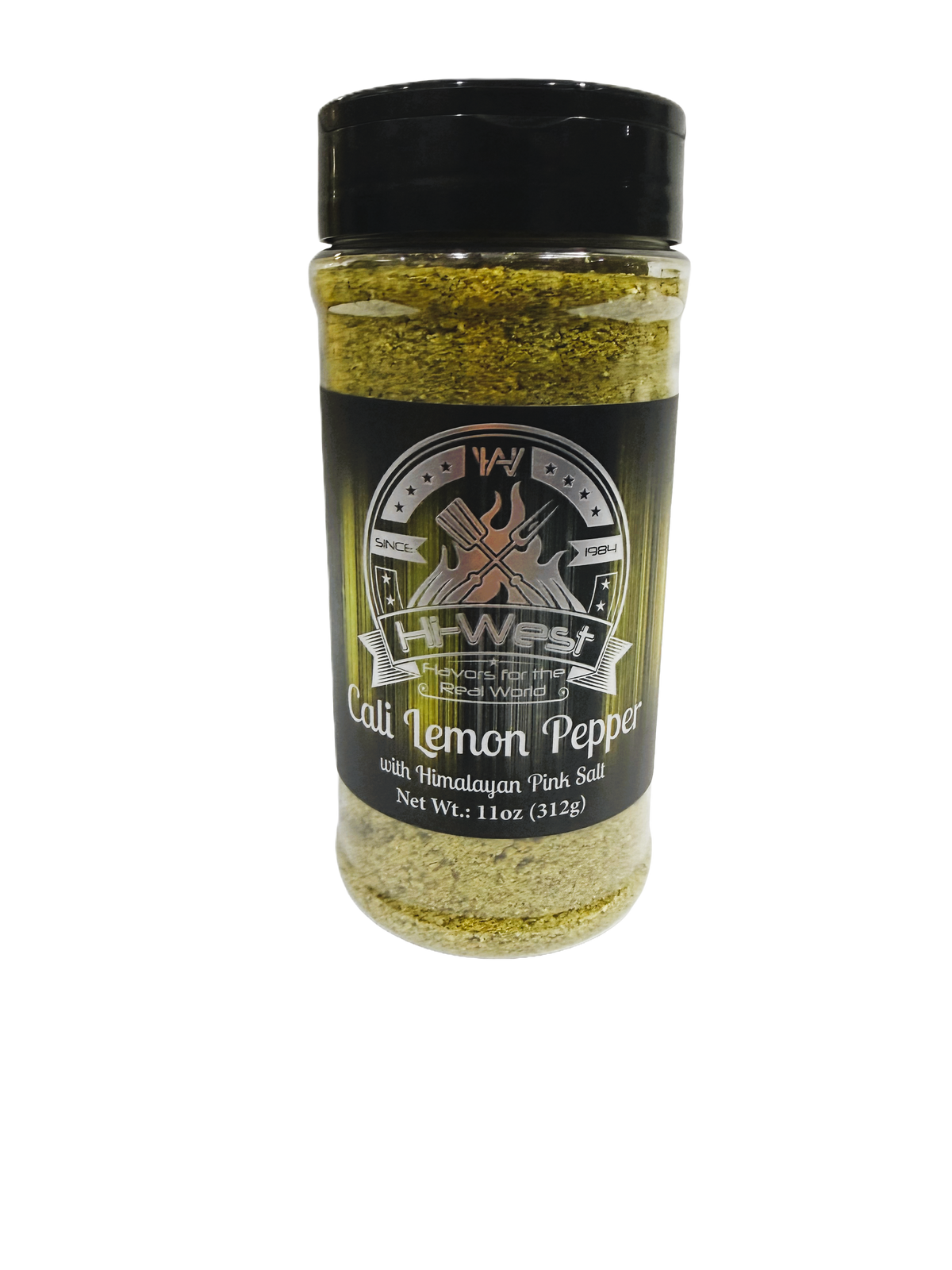 Hi-West Cali Lemon Pepper seasoning jar, 11oz, with lemon and pepper spices, used for flavoring dishes and enhancing taste.