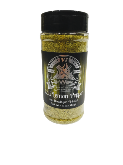Hi-West Cali Lemon Pepper seasoning jar, 11oz, with lemon and pepper spices, used for flavoring dishes and enhancing taste.