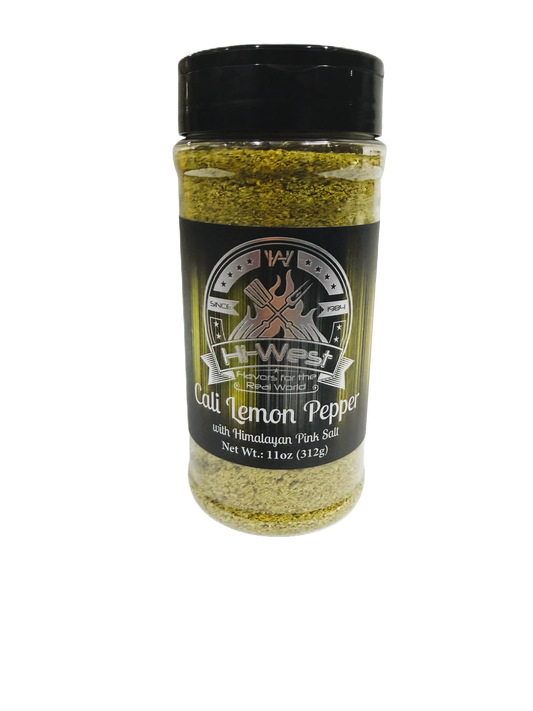 Hi-West Cali Lemon Pepper seasoning jar, 11oz, with lemon and pepper spices, used for flavoring dishes and enhancing taste.