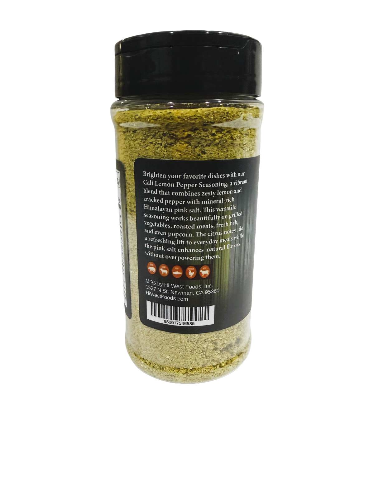 Hi-West Cali Lemon Pepper Seasoning jar with lemon and pepper ingredients, 11oz container for flavorful cooking.