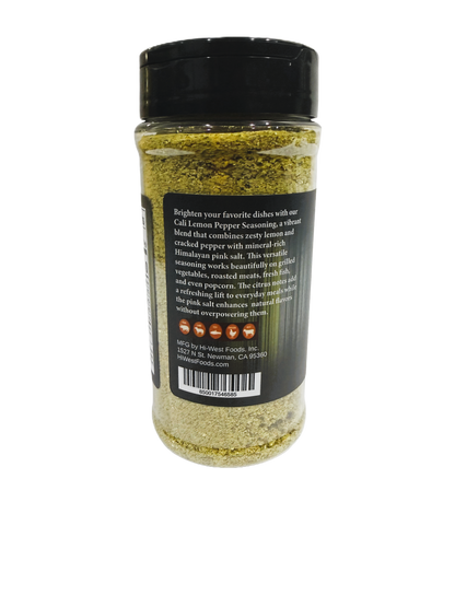 Hi-West Cali Lemon Pepper Seasoning jar with lemon and pepper ingredients, 11oz container for flavorful cooking.