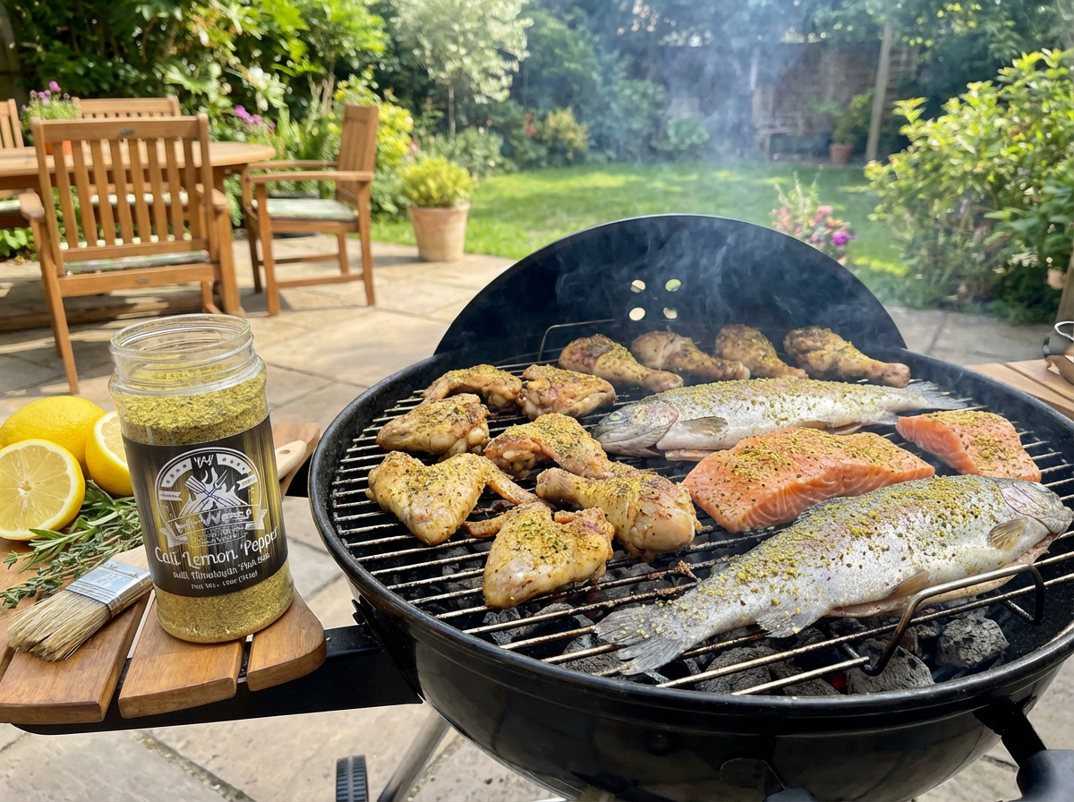 Hi-West Cali Lemon Pepper seasoning jar with fish and chicken dishes, showcasing lemon pepper spice blend in an 11oz container.