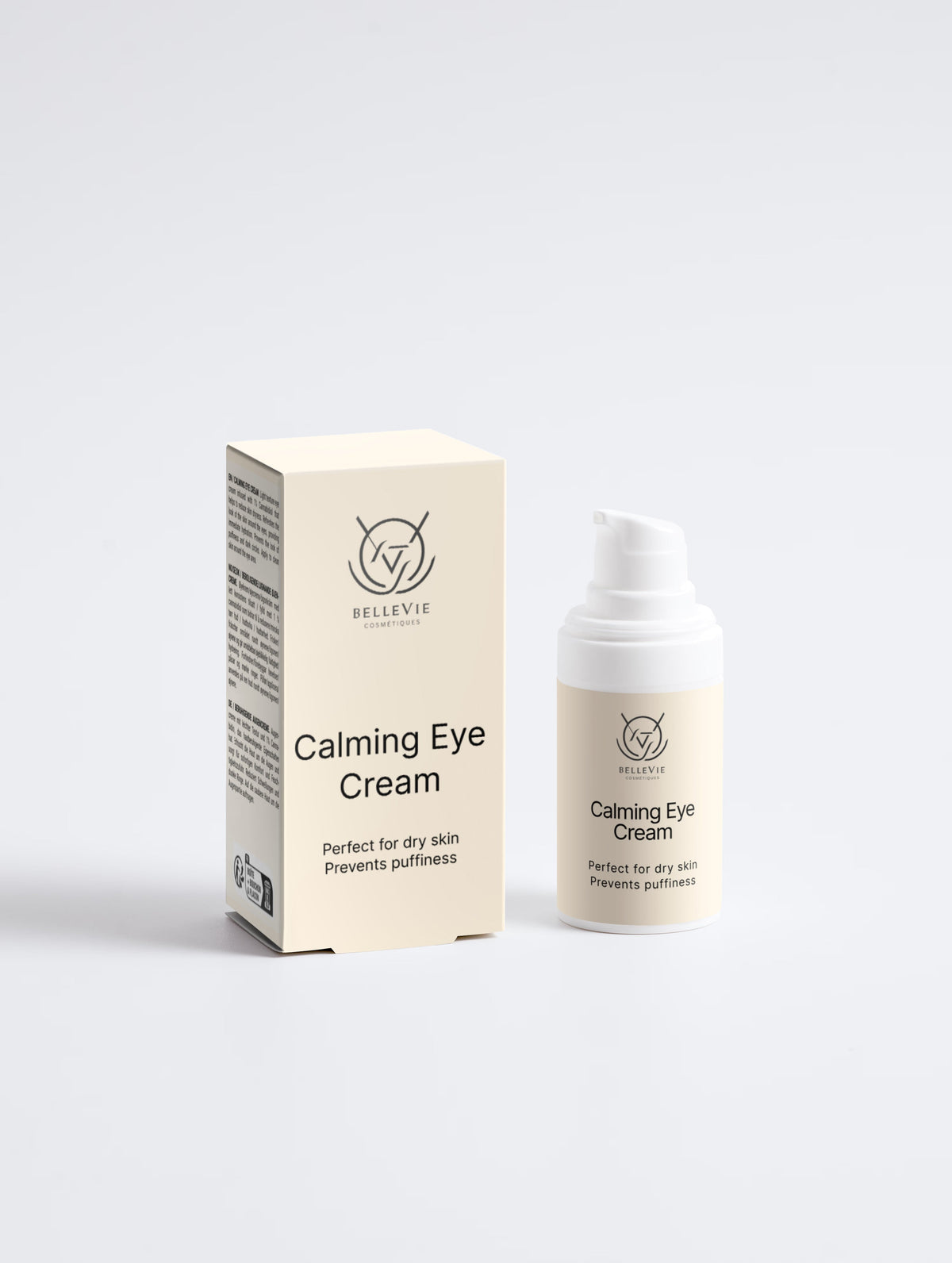 BelleVie Cosmétiques Calming Eye Cream 15ml with hemp extract, lightweight non-greasy formula for puffiness and dark circles.
