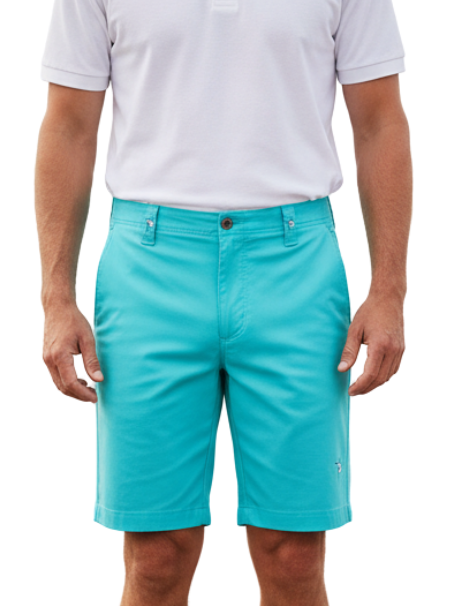 Teal White Water Life Captain Shorts laid flat, showing durable fabric and adjustable waistband for outdoor adventure wear.