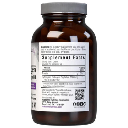 Bluebonnets Beautiful Ally Collagen 1000 mg dietary supplement caplets, featuring bluebonnet floral packaging and label details.