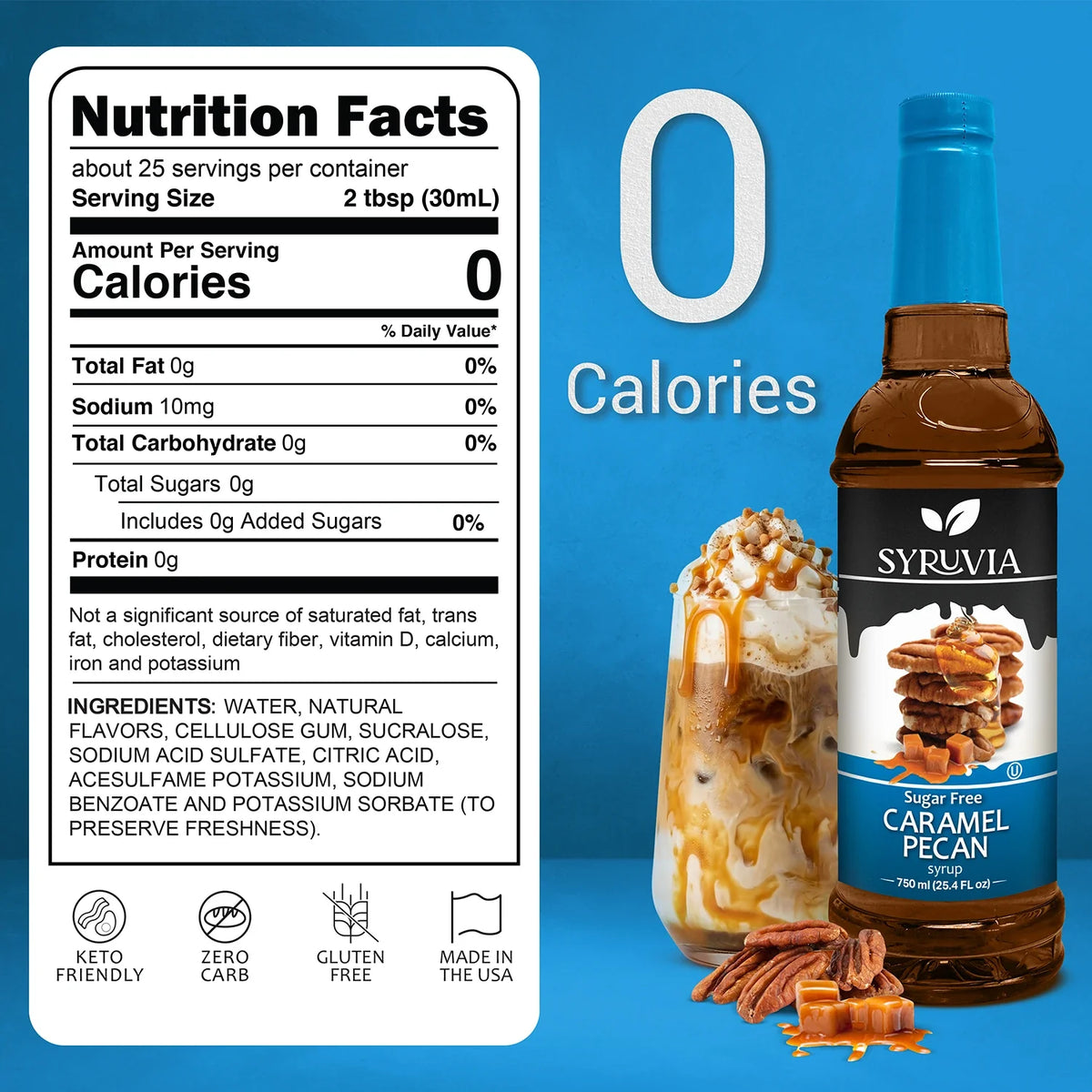 Sweet sugar-free caramel pecan syrup in a glass bottle with a pour spout, showcasing rich caramel and pecan flavors.