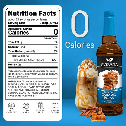 Sweet sugar-free caramel pecan syrup in a glass bottle with a pour spout, showcasing rich caramel and pecan flavors.