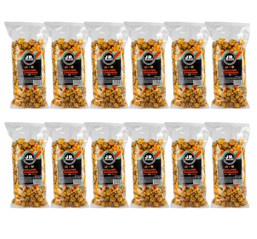 Junior Snacks Co. caramel and cheddar snack mix in a 12-pack, featuring a tasty combination of sweet caramel and savory cheddar.