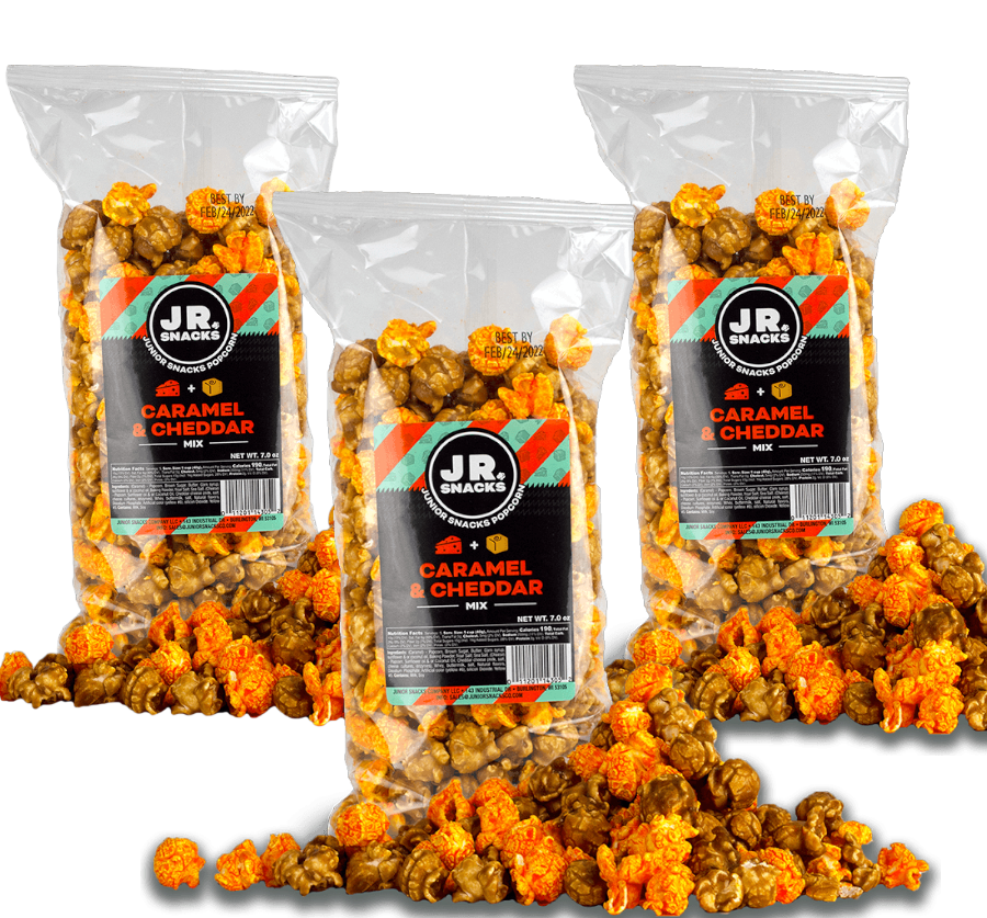 Junior Snacks Company caramel and cheddar snack mix in a three-pack, delicious combination of sweet and savory treats.