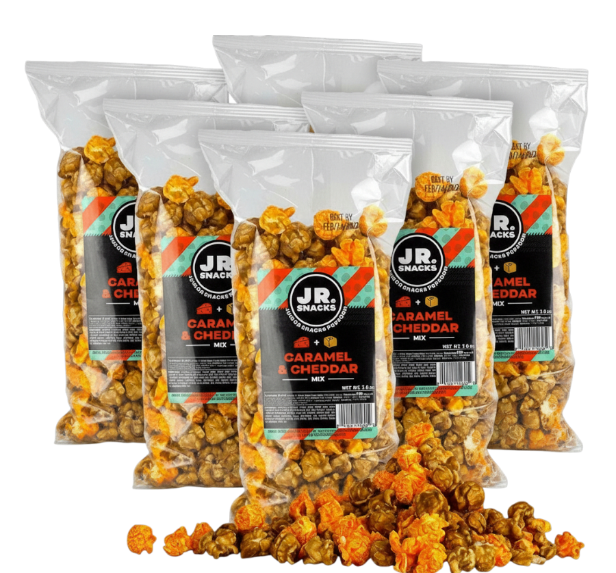 Junior Snacks Company caramel and cheddar snack mix in a six-pack, featuring sweet caramel and savory cheddar flavors.