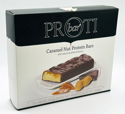 AmBari Nutrition Caramel Nut Protein Bar showing a close-up of the bar with caramel and nut pieces on the packaging.