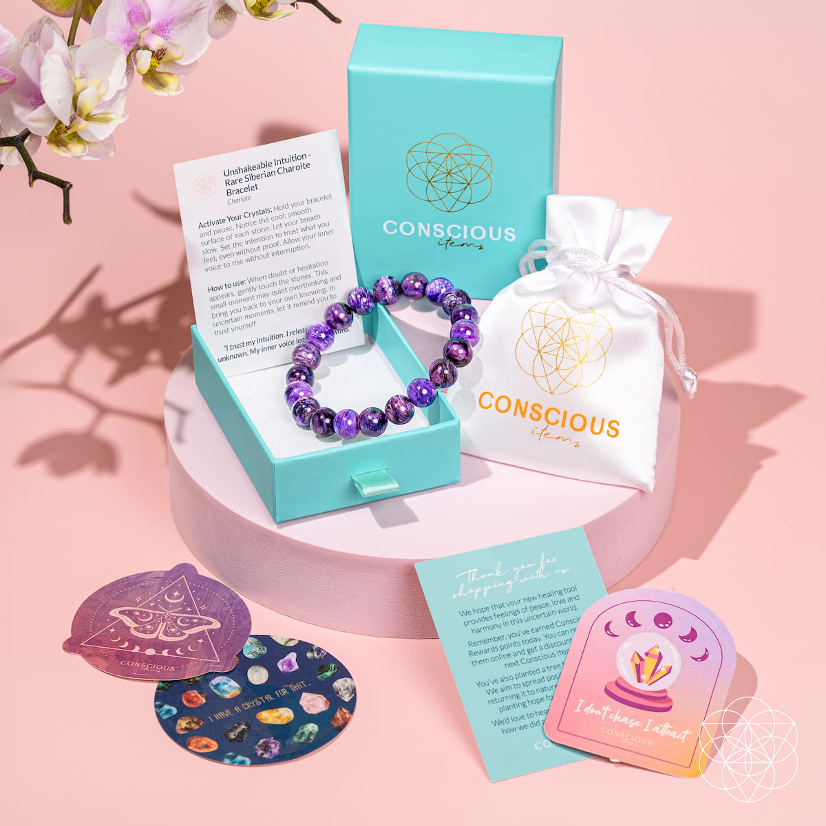 Unshakeable Intuition Siberian Charoite bracelet by Conscious Items featuring a polished stone design on a card background.