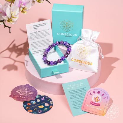 Unshakeable Intuition Siberian Charoite bracelet by Conscious Items featuring a polished stone design on a card background.