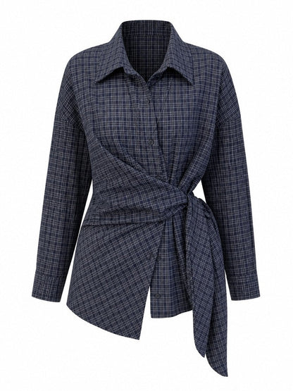 Grounded Plaid Tie-Waist Blouse