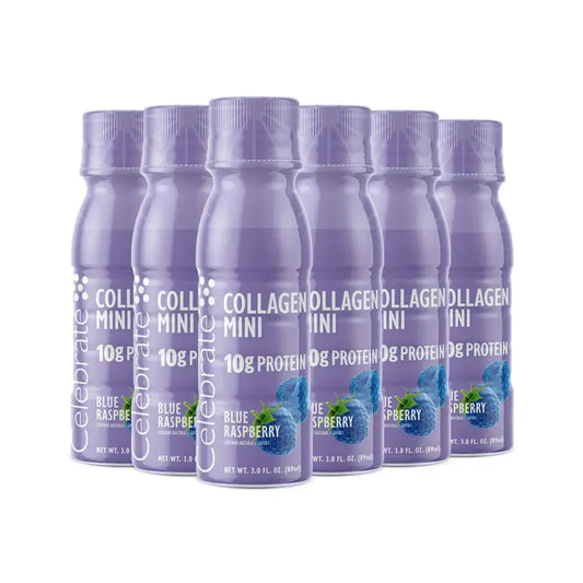 Celebrate Collagen Mini 10g Protein Shots by AmBari Nutrition, showing small drink bottles with colorful labels on a white background.