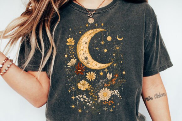 Spun Bamboo men's printed T-shirt featuring celestial moon, boho flowers, vintage graphic design in bamboo and cotton fabric.