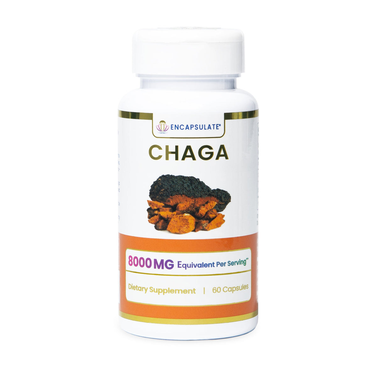 Capsule bottle of Encapsulate Chaga Mushroom 8:1 supplement with labeled white container and capsules inside.