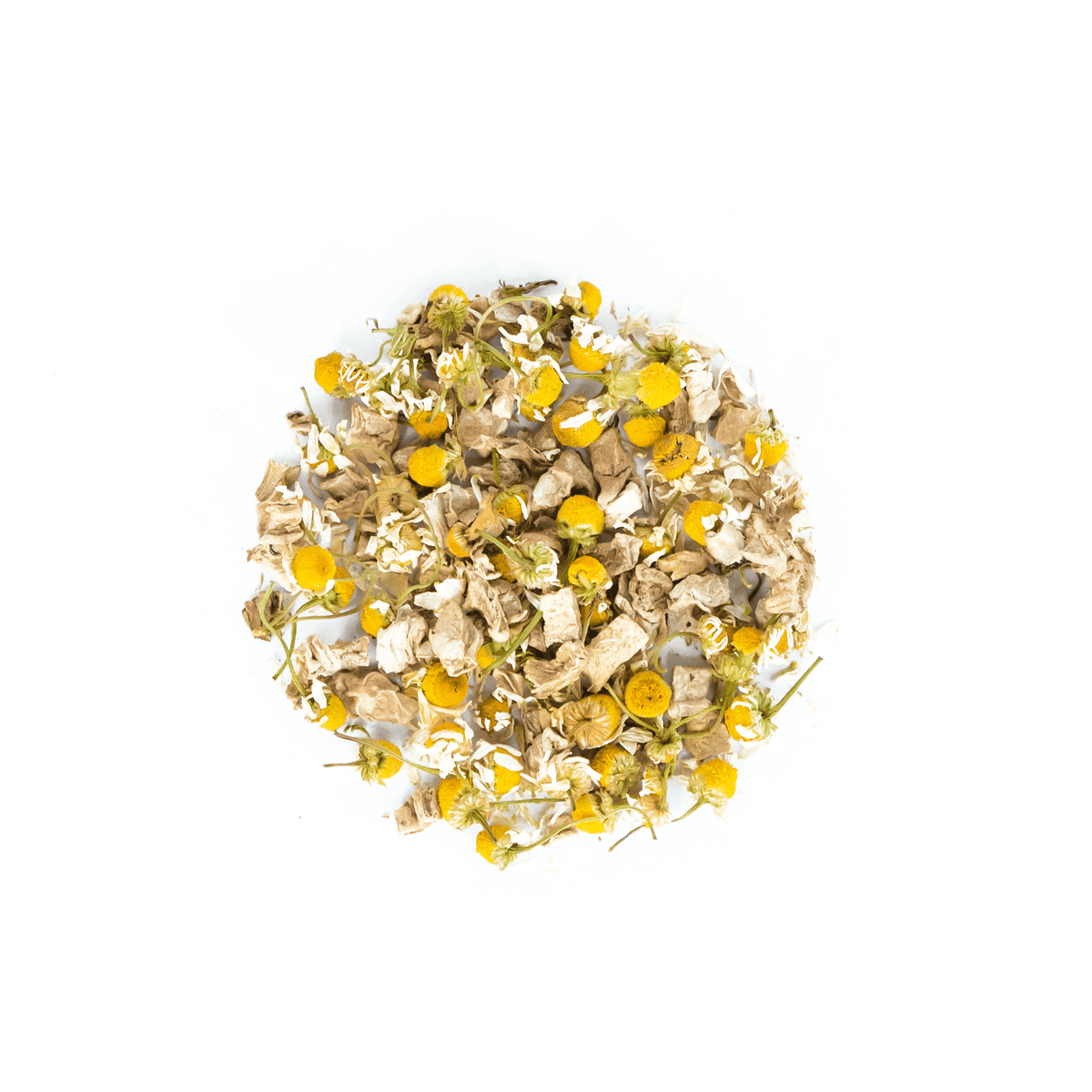 Organic chamomile and ginger tea blend by Nepal Tea, featuring fresh chamomile flowers and ginger root in a natural setting.
