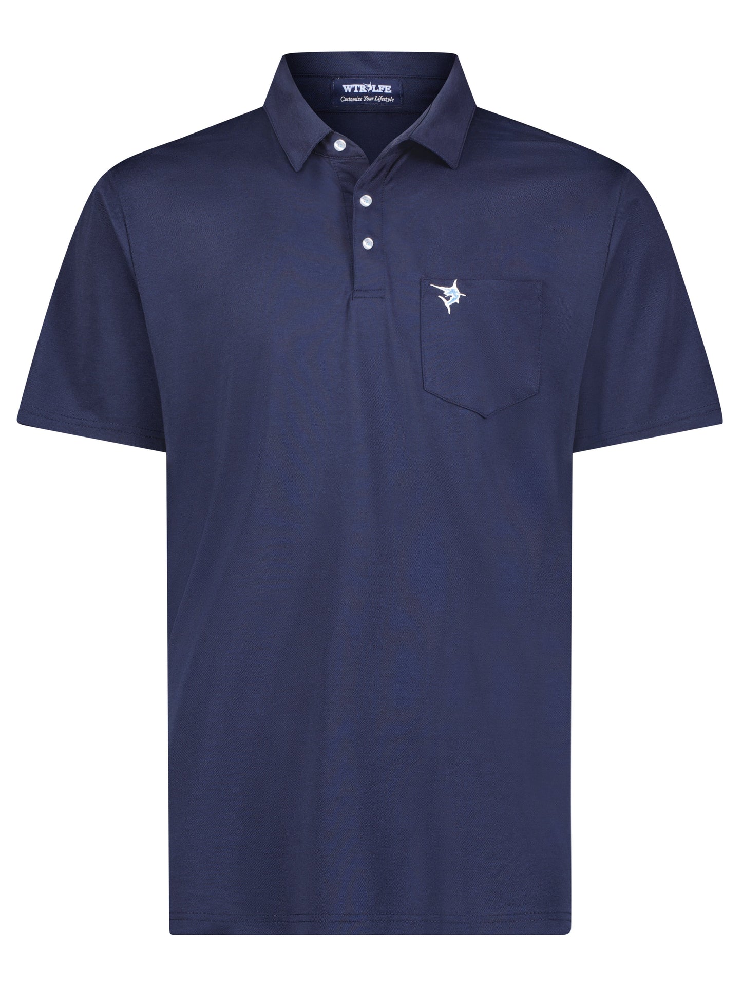 Navy Charleston Polo shirt by White Water Life, featuring a classic fit, collar, and short sleeves, displayed on a plain background.