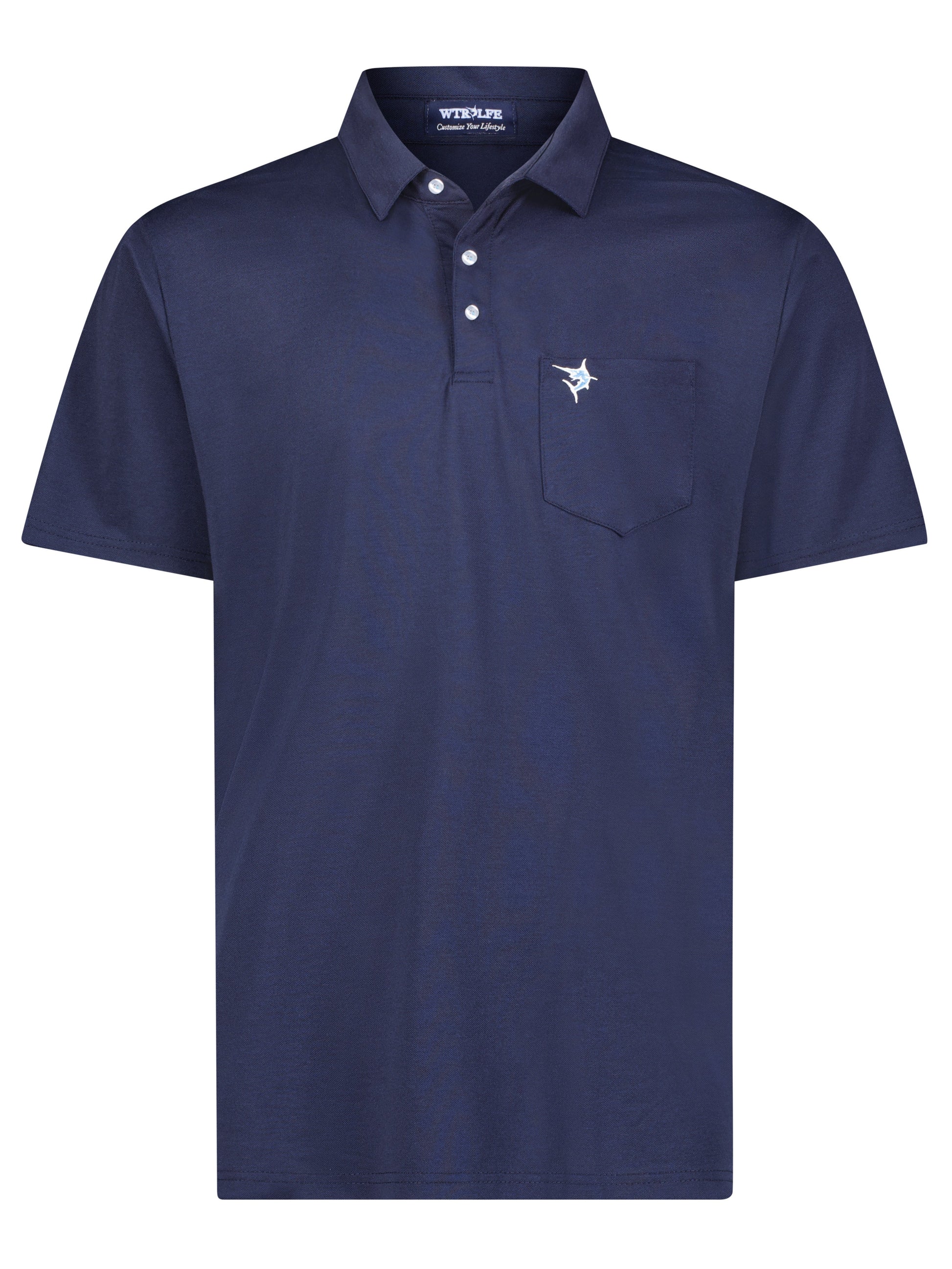 Navy Charleston Polo shirt by White Water Life, featuring a classic fit, collar, and short sleeves, displayed on a plain background.
