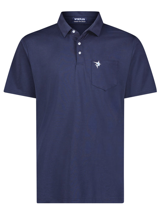 Navy Charleston Polo shirt by White Water Life, featuring a classic fit, collar, and short sleeves, displayed on a plain background.