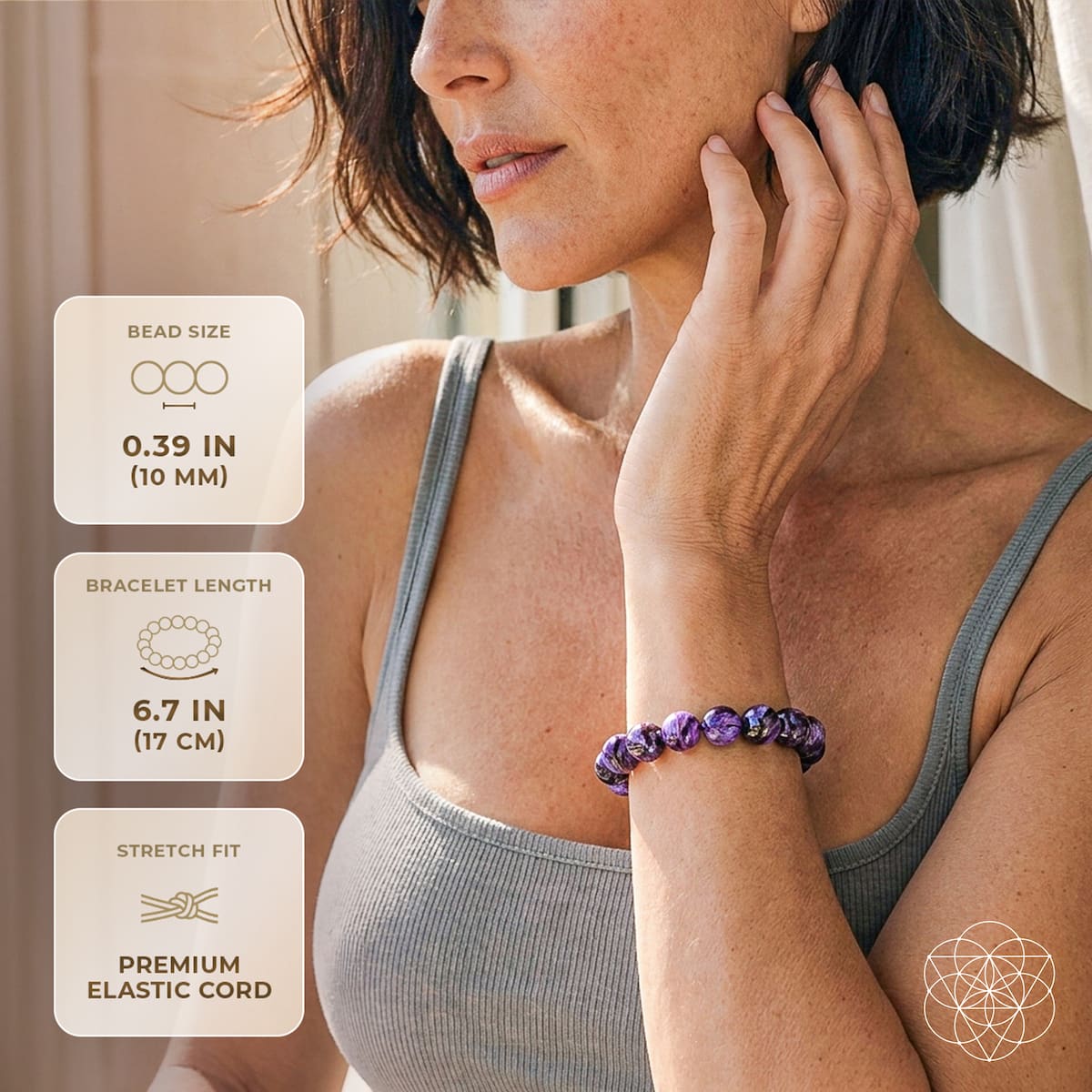 Siberian charoite bracelet from Conscious Items featuring polished purple gemstone beads with a silver clasp.