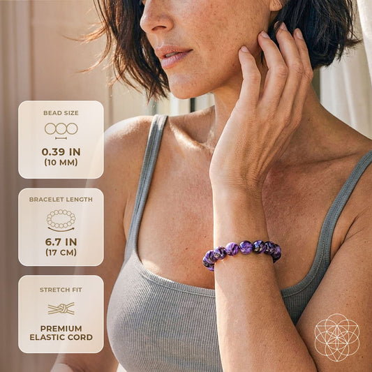 Siberian charoite bracelet from Conscious Items featuring polished purple gemstone beads with a silver clasp.