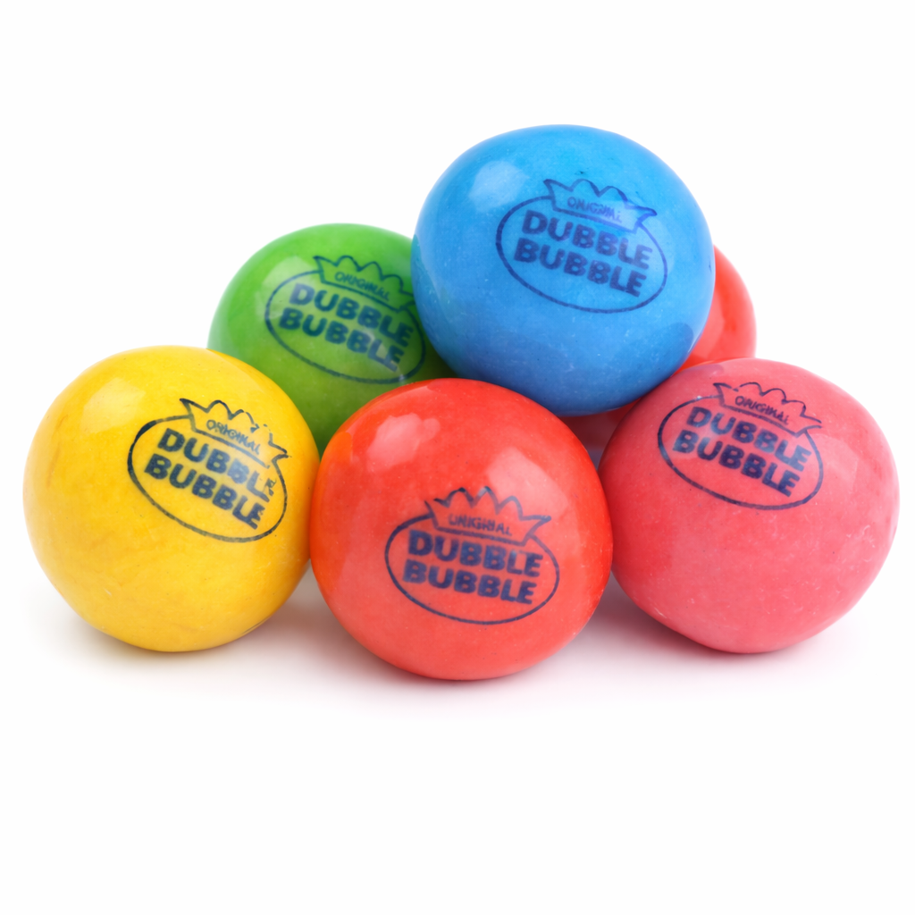 Assorted Dubble Bubble gum balls in a bulk Candy In Bulk bag, featuring colorful, round bubble gum pieces ready to chew.