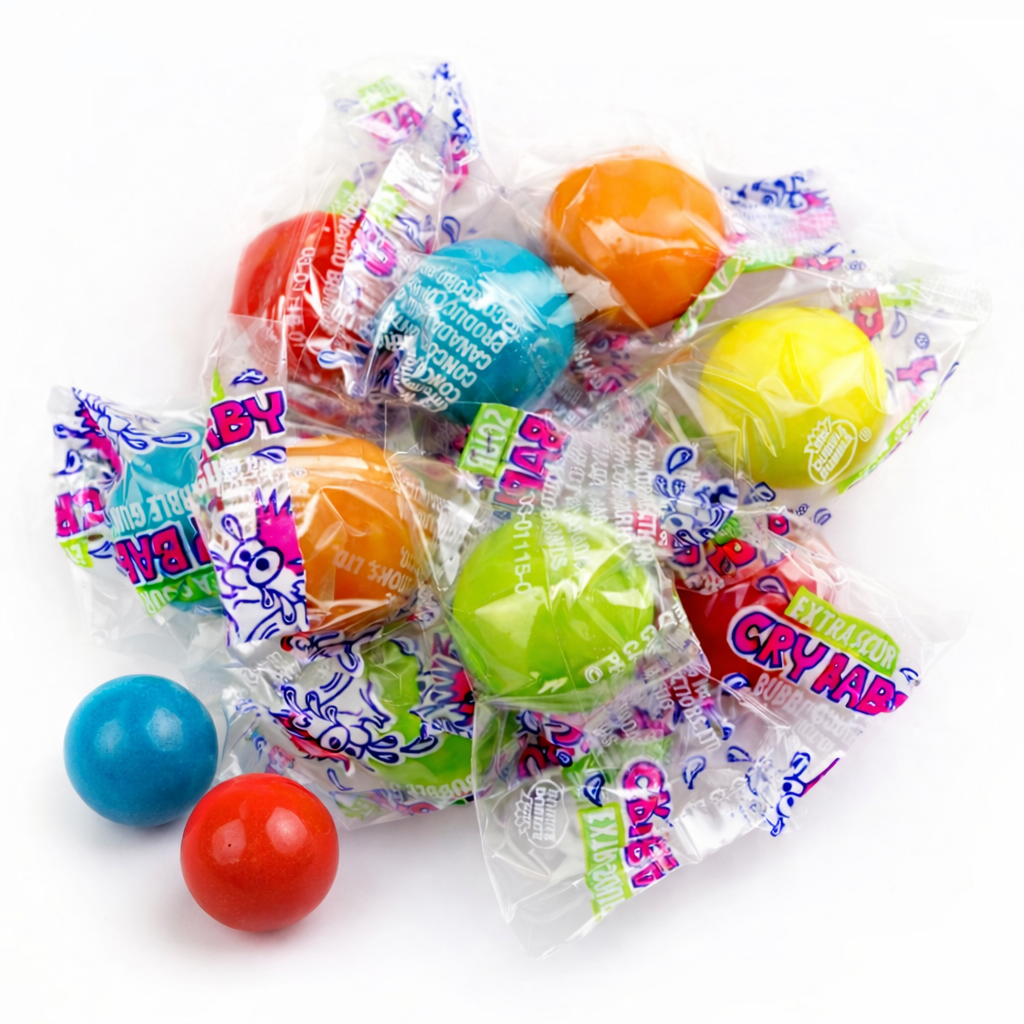 Cry Baby Extra Sour Bubble Gum Balls from Candy In Bulk, individually wrapped sour gum in a bulk value bag.