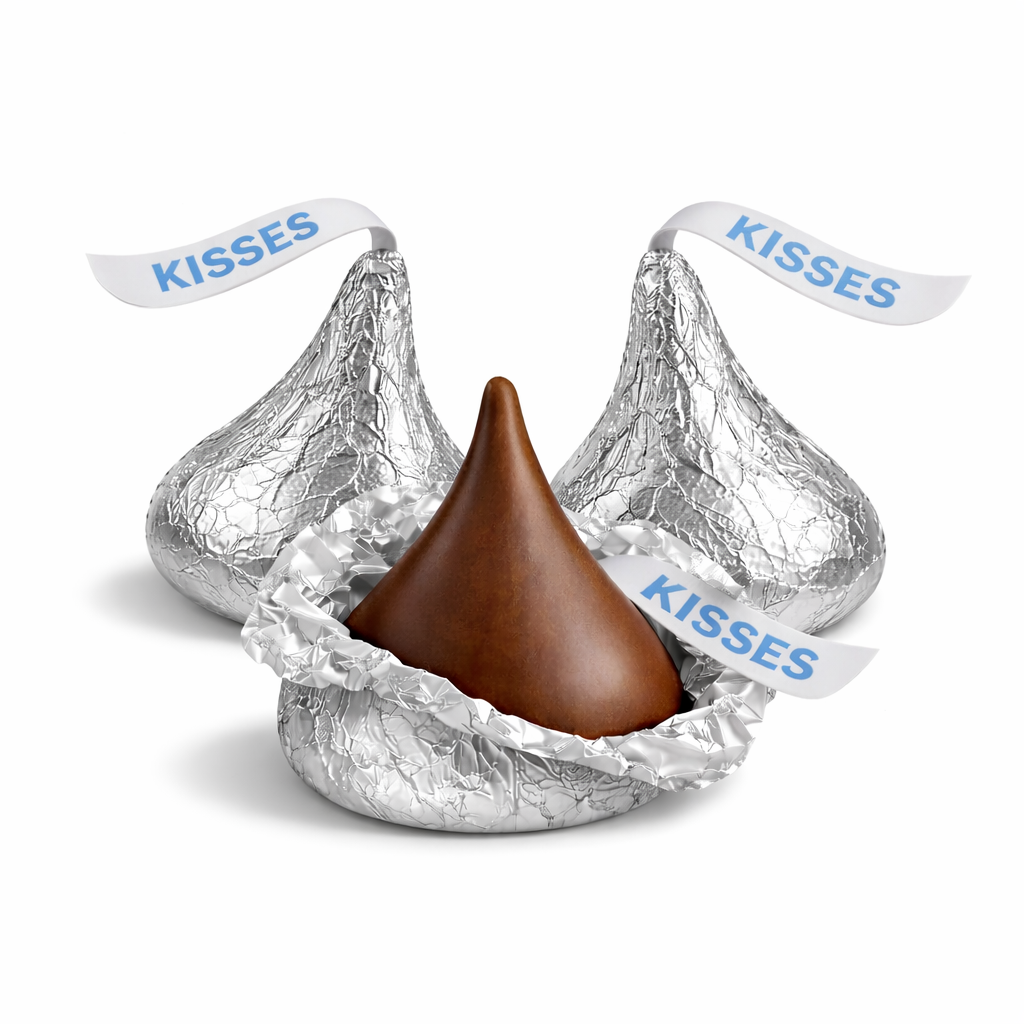 Hershey's Kisses Milk Chocolate candies in silver foil wrapping, shown in a bulk value bag from Candy In Bulk.