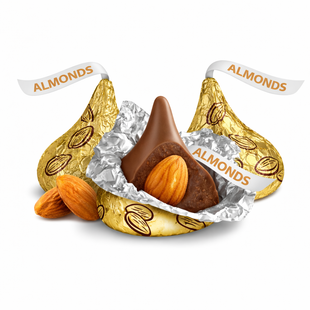 Hershey's Kisses Milk Chocolate with Almonds in a bulk Candy In Bulk bag, showing shiny foil-wrapped chocolates with almonds inside