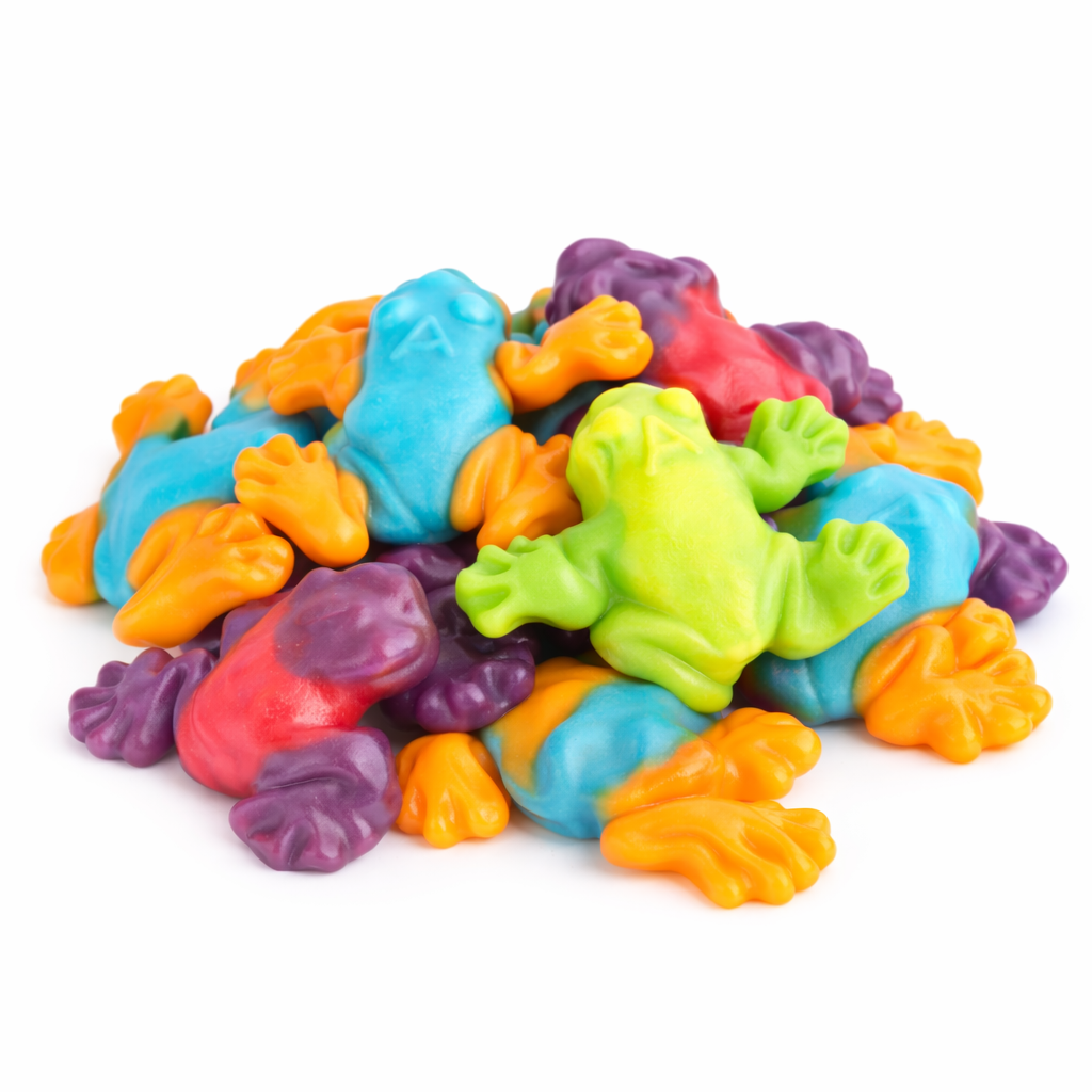 Colorful Albanese Gummi Rainforest Frog candies from Candy In Bulk in a large value bag, showcasing vibrant, frog-shaped gummy candies.