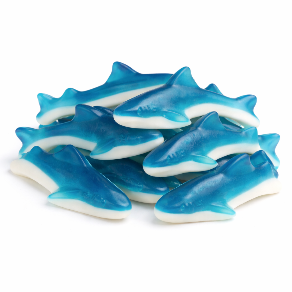 Blue and white shark-shaped gummy candies by Candy In Bulk in a large value bag, perfect for snacking or sharing.