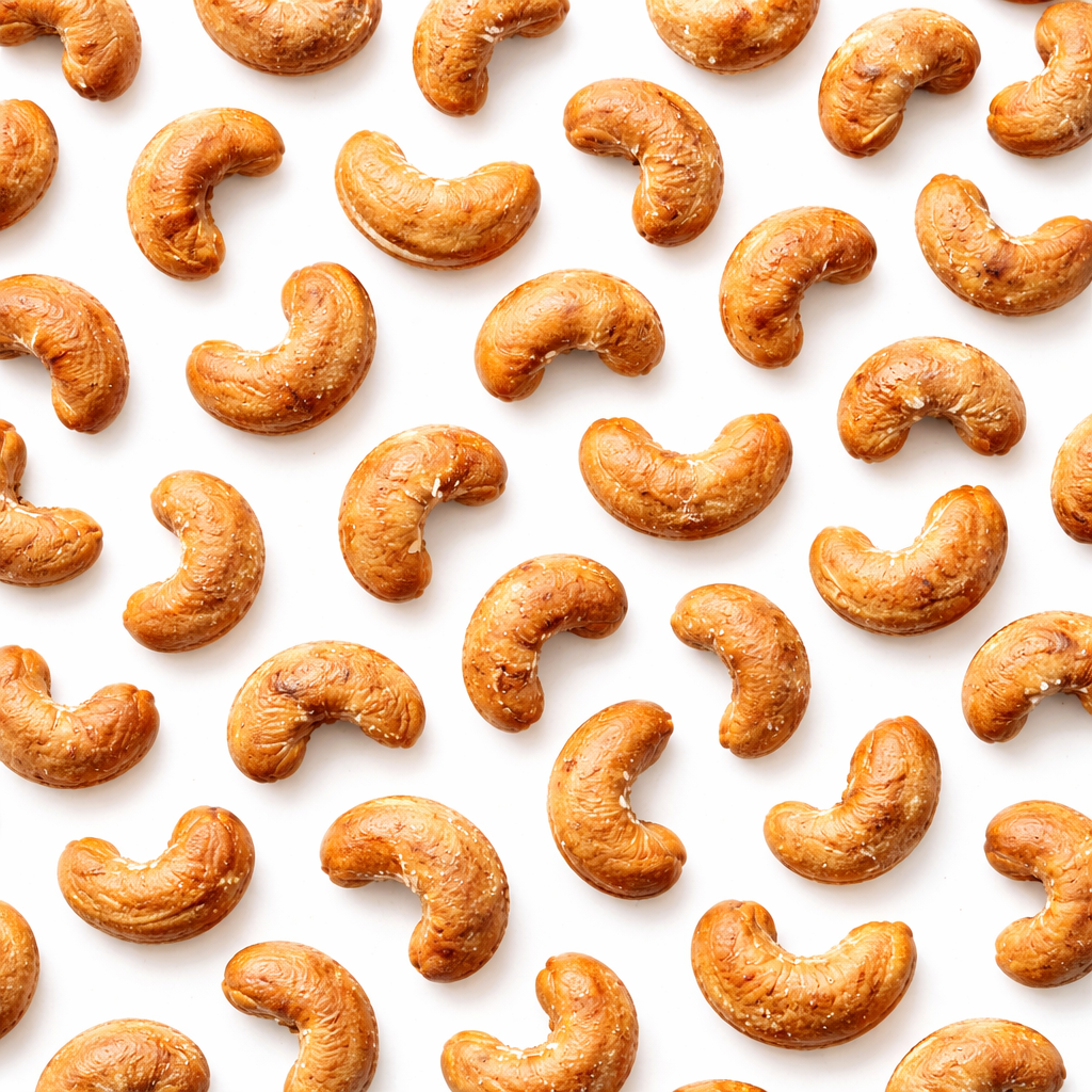Dry roasted salted cashews in a bulk snack bag by Candy In Bulk, showing golden roasted nuts with salted surface.