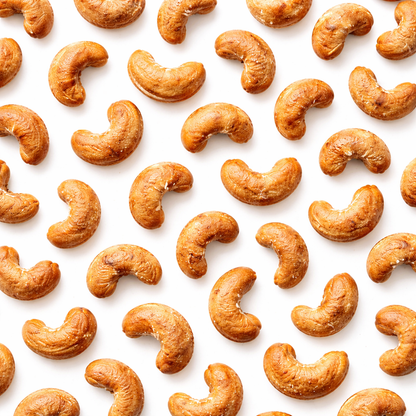 Dry roasted salted cashews in a bulk snack bag by Candy In Bulk, showing golden roasted nuts with salted surface.