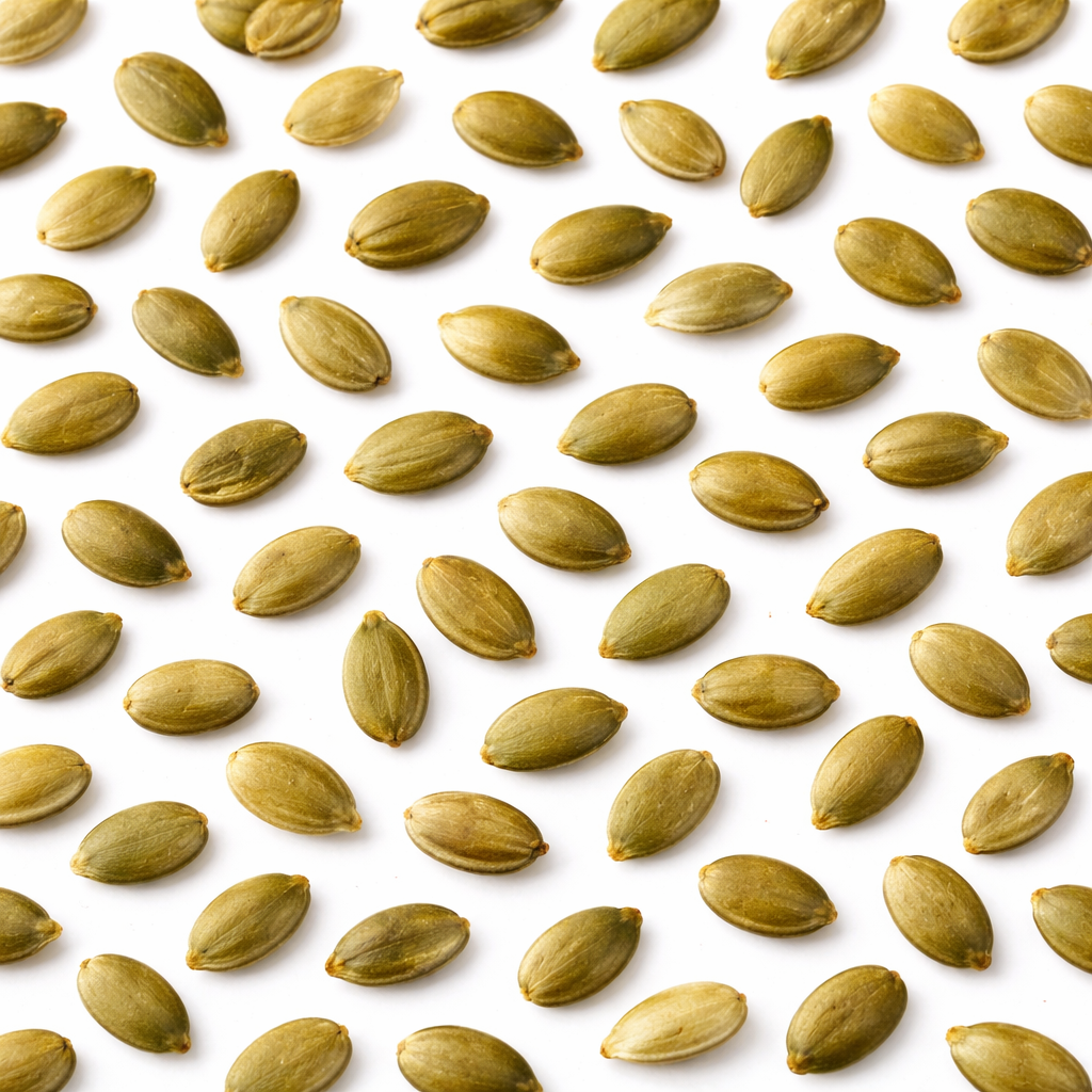 Bulk raw pumpkin seeds (pepitas) from Candy In Bulk, showing a close-up of green, shelled pumpkin seeds in a large snack bag.