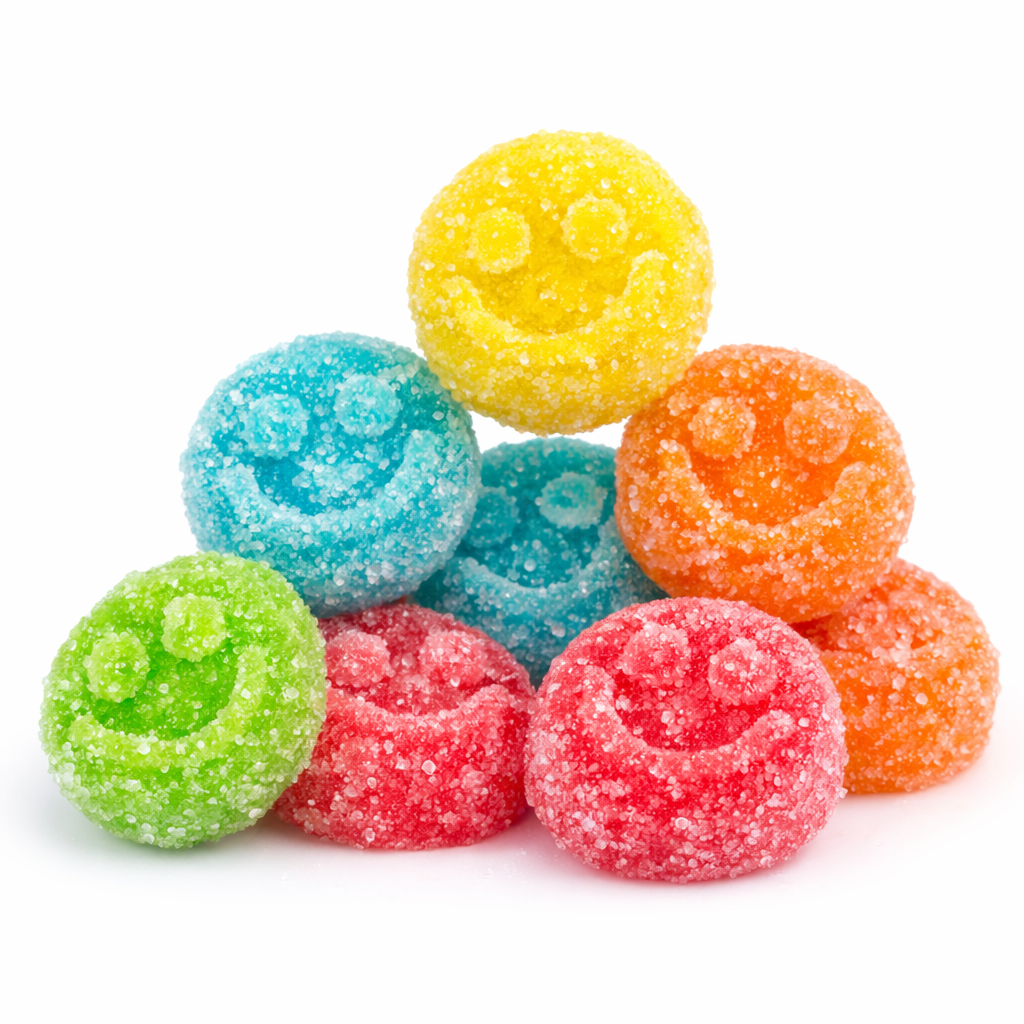 Colorful Albanese Gummi Sour Poppers in a bulk Candy In Bulk bag, showing vibrant gummy candies with sour coating.